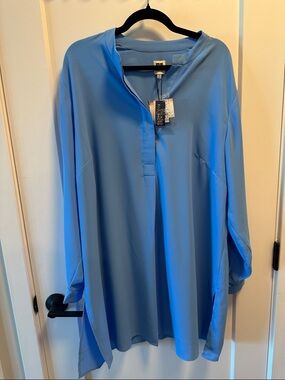 Anne Klein Blue Split Neck Tunic Blouse 2X NWT Flowy Minimalist Workwear